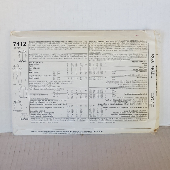 Vintage 80s  Simpicity Sewing Pattern 7412 Toddler Jumpsuit & Romper  - Uncut - Picture 3 of 5